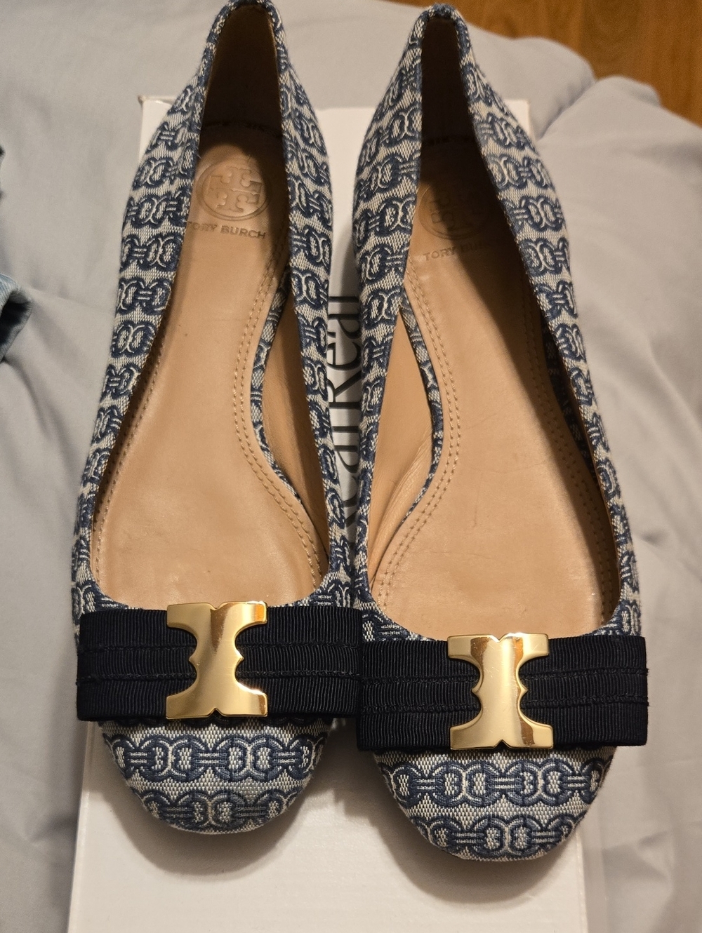 Tory Burch Blue Patterned Logo Ribbon Flats with Gold Hardware